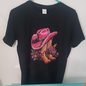 Black T-Shirt with Pink Hat and Boots Graphic. New. From China